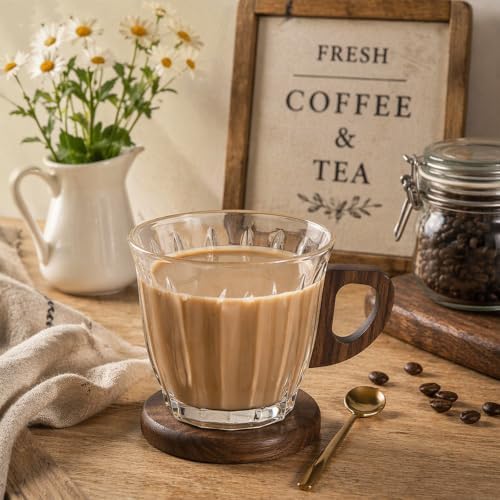 Glass Coffee Cup Set with Wooden Handle and Wooden Saucer, Clear Latte Cappuccino Espresso Mug, Heat Resistant Drinkware Gift for Home Office Café Use - Image 7
