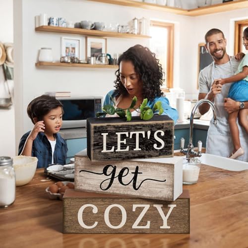 Moucuny 4 Pcs Farmhouse Table Decor Inspirational Wood Signs Let's Get Cozy - Image 5