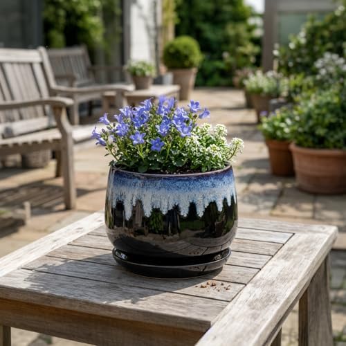 Ceramic Plant Pots 7 Inch - Ceramic Planter with Drainage Hole and Saucer, Decorative Flower Pots for Indoor Plants, Indoor Planter, House Garden Decor, Gifts for Plant Lovers, Black-Blue - Image 4