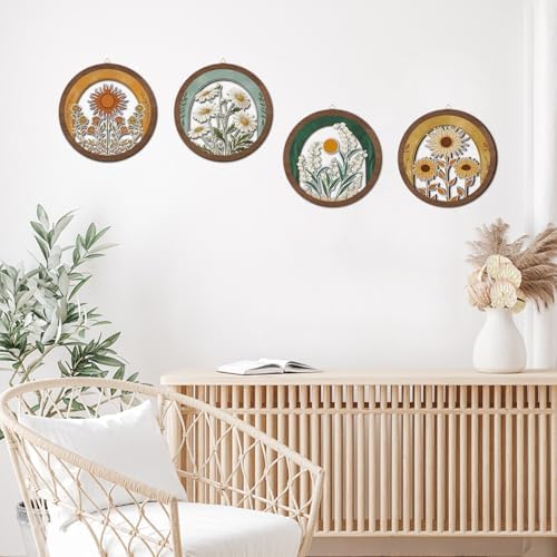 HPNIUB Vintage Flower Wall Decor, Farmhouse Sunflower Daisy Geometric Hanging Wooden Wall Art, 4 Pieces 10''x10'' Minimalist Boho Sun&Floral Wood Sign for Girls Bedroom Living Room Office - Image 4