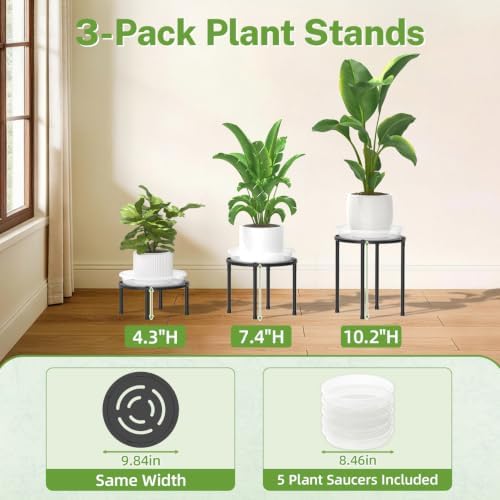 iDavosic.ly 3-Pack Metal Plant Stands with 3 Plant Saucer Tray, 10 In Black - Image 2