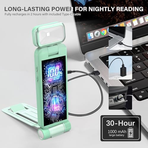 KTEBO Rechargeable Book Light with Clip & Battery Indicator, 9 Luminescence Modes, USB-C Portable 1.6 oz Ultralight Lamp for Night Reading in Bed, Readers - Green - Image 5