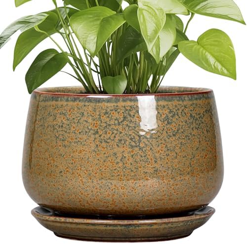 G EPGardening Ceramic Planters - 9 Inch Ceramic Pots for Plants Indoor Outdoor, Round Planter with Drainage and Saucer, Modern Indoor Flower Pots, House Room Decor, Gift for Women Men, Speckled Brown by GEPGardening