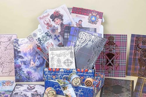 Scotland Box – 9-Piece Scottish Craft Set with Landscapes Transparent Tape, Washi, Clear Stamps, Wooden Stamp, Tartan Stickers, Watercolor Transfers, Paper & Foil for Journals, Planners & DIY Projects - Image 3