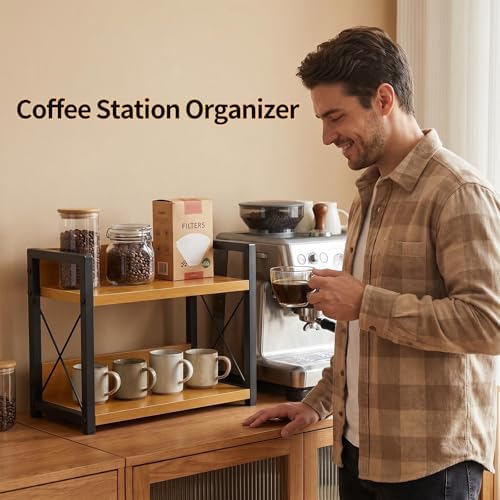 2-Tier Countertop Organizer, Iron-Wood Coffee Station Shelf, Heavy Duty Kitchen Counter Spice Rack for Coffee Bar, Pantry, Bathroom Storage (Bamboo) - Image 4