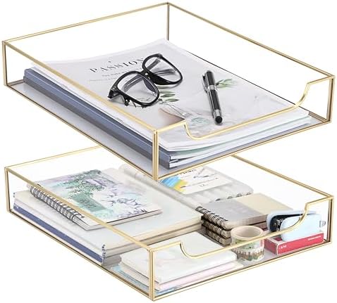 BTSKY 2 Pack Golden Glass Desk Tray, Multi-Purpose Organizer for A4 Paper, Documents, Desk Supplies, Makeup, Clear File Tray with Metal Frame, Stackable Decorative Storage for Home Office Vanity by BTSKY