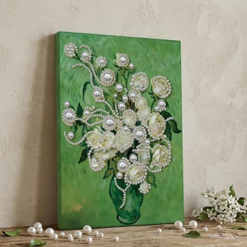 DIY Pearl Painting with Frame, Creative Design, Handmade Stress-Relieving Home Wall Decoration, Includes Frame and Tools-White Rose - Image 2