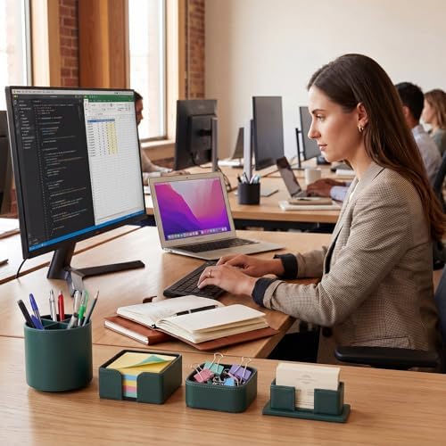 4 Pcs Aesthetic PU Leather Desk Organnizer Set, Green - Image 6