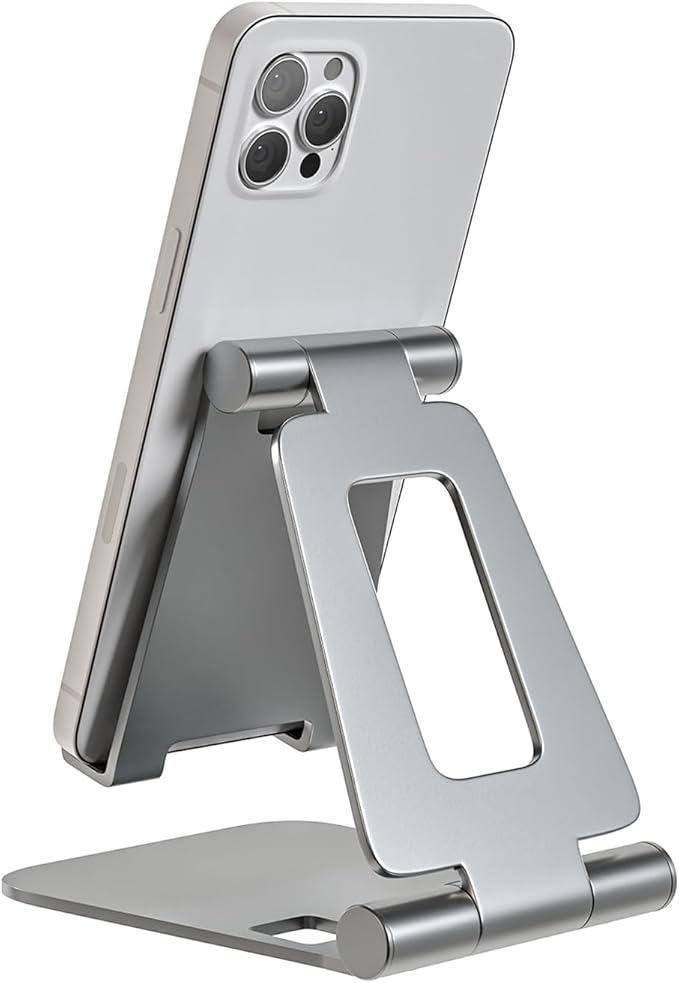 Cell Phone Stand for Desk Phone Holder Foldable Portable Adjustable Cradle Dock Compatible with iPhone 15 14 13 Pro Max, iPhone 12 11 Plus SE XS XR 8 7, Office Desk Travel Accessories, Silver