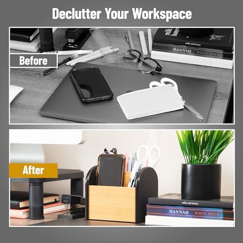 Mind Reader Desktop Organizer with 3 Compartments, Natural Wood and Matte Finish Sides, Compact Desk Storage, Wood, Black - Image 5