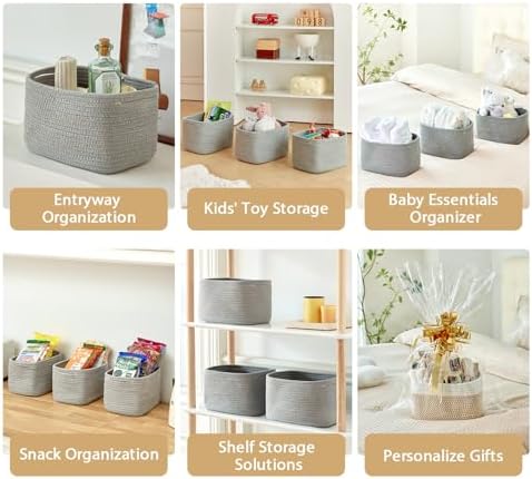 R RUNKA Small Cotton Rope Basket – Storage Bin for Organizing (10.6" x 6.7" x 6.7"), Bathroom Storage Basket for Shelf, Counter & Closet（Grey） - Image 3