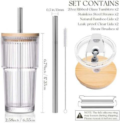 KEMORELA 20oz Ribbed Glass Tumblers with Bamboo Lids & Straws, Boba Cups - Image 2
