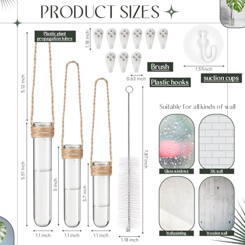 Baderke 9 Pack Clear Window Propagation Stations Plastic Window Planter with Suction Cups & Traceless Nails, Propagated Plant Holders with Bottle Brush, Hanging Vases Terrarium Gift (5.5''& 5"& 3.7'') - Image 2
