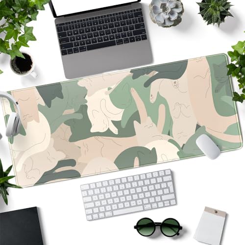 Green Simple Cat Desk Mat Sleeping Cute Long Cool Mouse Pad for Laptop Gaming Computer Keyboard Pad Office Decor Desk Pads Accessories On Top of Desks Office Supplies Mat (31.5x11.8In) Stitched Eges - Image 2