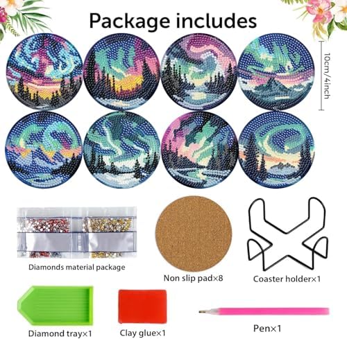 NEGEKFKX 8 Pcs Aurora Diamond Art Painting Coasters Kits,Landscape Coaster with Holder for Adults, Non-Slip DIY Dot Paint Craft Kits,5D Full Drill DIY Diamond Dot Gem Art Kit Home Decor Arts Craft - Image 4