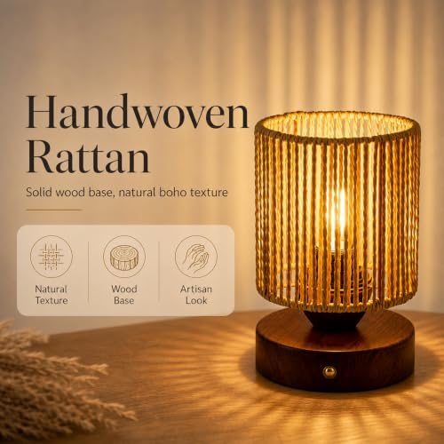 Cordless Rattan Table Lamp, 5000mAh Rechargeable Battery Operated Bedside Lamp with Edison Bulb, Stepless Dimmable Boho Cylinder Desk Light for Bedroom Living Room - Image 6