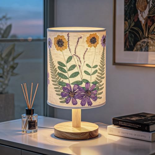 Artisan Crafted Floral Pressed Nightstand Lamp - Handmade Vintage Table Light with Adjustable Warm Glow for Bedroom, Office, or Living Room Decor (Purple) by Unknown