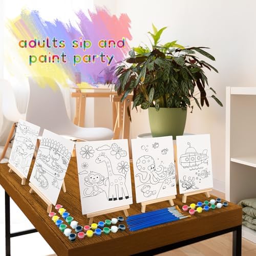 48PCS 12 Sets Printed Canvas Paint Art 12 Pcs Wooden Easel Set Paint Pots and Brushes and 12 Pre Drawn Canvas Panel 12 Pcs Mini Apron and Tote Bag for Kids(Dainty) - Image 5