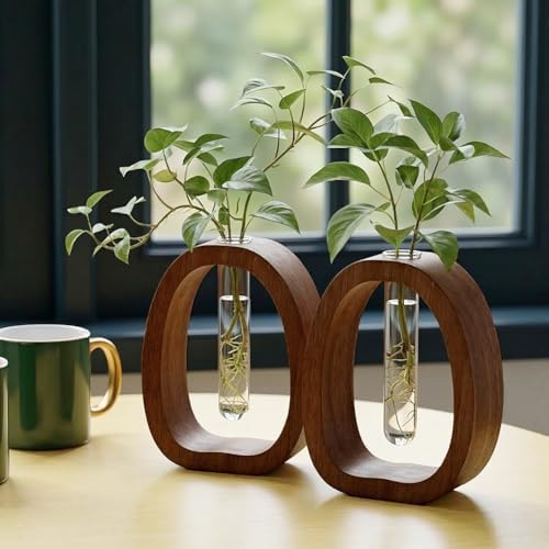 2 Sets Coconut Brown Wooden Frame and Glass Tube Vase for Hydroponic Plants Small Tabletop Propagation Vase with Test Tube for Home Office Desk Decor Modern Farmhouse Centerpiece - Image 4