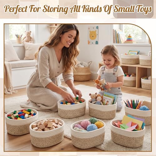 10 Pack Small Woven Baskets, Cotton Rope, White, Linen - Image 6