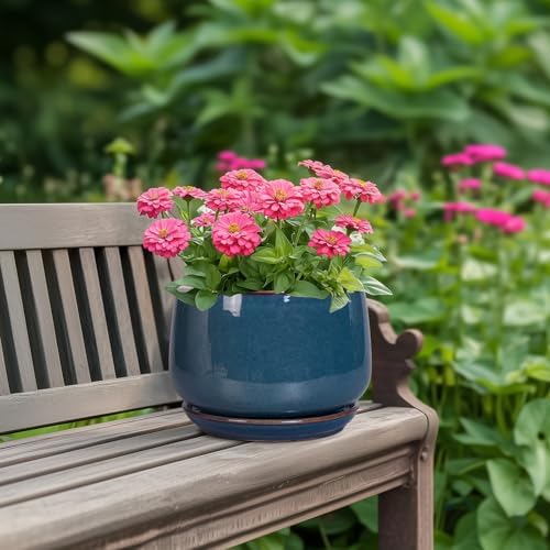 G EPGardening Ceramic Pot for Plants - Modern 7 Inch Round Planter with Drainage and Tray Indoor Outdoor for Flower, Porch Decor, Gardening Gifts, Retro Blue - Image 4