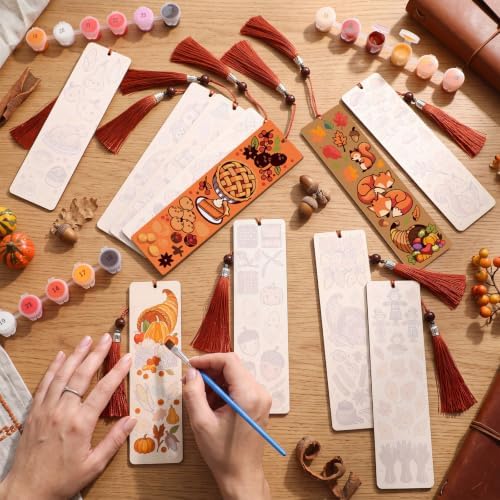 Kosiz 12 Pcs Fall Paint by Number Kit for Adult Thanksgiving Wood Bookmark - Image 2