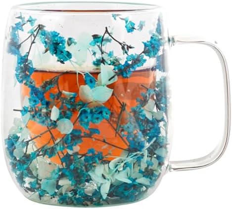 Real Flower Glass Tea Cup, 13 oz Double Wall Glass Coffee Mug with Preserved Flowers, Borosilicate Floral Cup, Gift for Women by Unknown