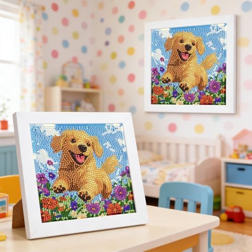 GHHKUD Dog Flowers Diamond Art Painting Kits for Adults with Frame, Diamond Art Animals Crafts for Ages 4-6-8-12, Easy to DIY Gem Painting Gifts Home Wall Decor 15x15cm (Beautiful Packages) - Image 4