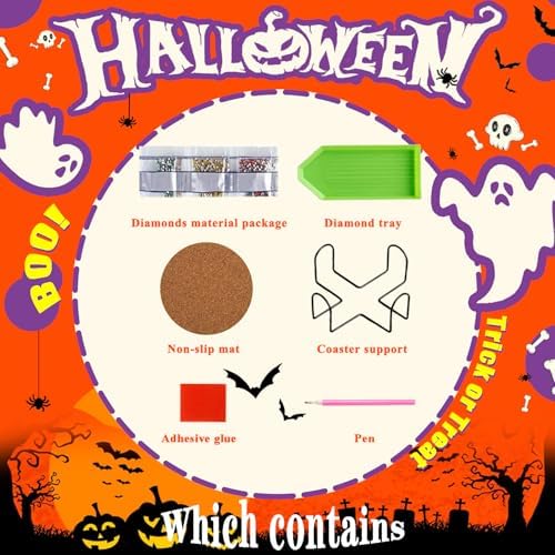 Leatrice 8 PCS Halloween Diamond Art Coasters Set with Holder 4 in - Image 2