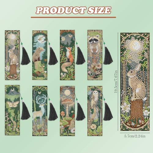 8 Pack Diamond Painting Bookmark of Forest and Animal Theme with Tassel - Image 3