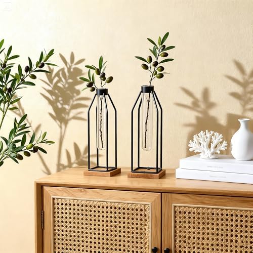 Houmury Test Tube Vase Set of 2, 11&12.5 Inch Flower Vases with Iron Stand & Wood Base, for Home Décor, Table Decor, Modern Farmhouse Decor, Hydroponic Plants - Image 3