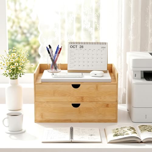 Bamboo Desk Organizer with Drawers, Desktop Storage for Office Supplies - Image 2