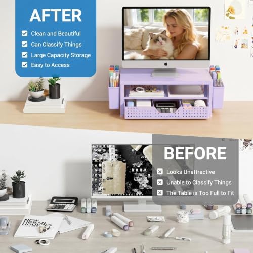 OPNICE Desk Organizers and Accessories, Computer Monitor Stand Riser with Drawer and 2 Pen Holders, Printer & Laptop Stand, Office Desk Accessories & Workspace Organizers for Home Office Supplies, Purple - Image 2