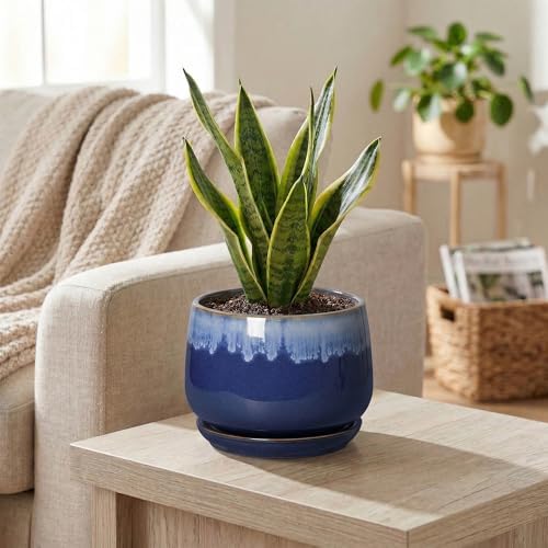 Ceramic Flower Pots, 6 Inch Plant Pot Indoor with Saucer, Deep Blue - Image 5