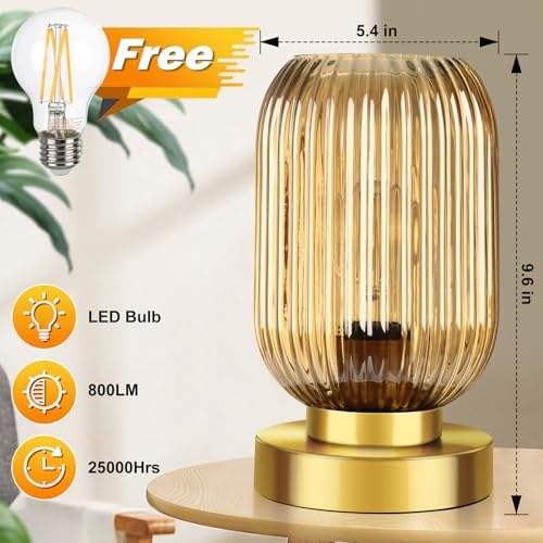 Mid Century Modern Table Lamp with Amber Ribbed Glass Shade,Touch Control & 3 Way Dimmable,Small Gold, Vintage Bedside Lamp for Bedroom, Living Room,Office (Bulb Included) - Image 4