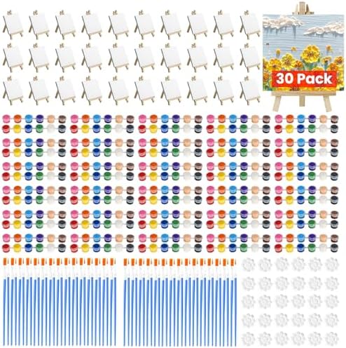 30 Pack Mini Canvas and Easel Set, 4 x 4 inch Small Canvases for Painting by Unknown