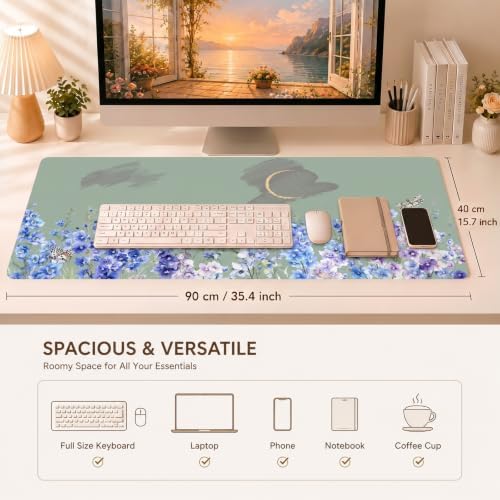 Sage Green Desk Mat, Blue Violet Wildflower XXL Mouse Pad 35.4x15.7in - Image 3