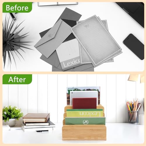 Desk File Mail Organizer Countertop, 5 Slots Bamboo Folder Sorter Holder for Letter, Envelope, Paper, Bill Filing, Desktop Tray Organizer for Office & Home - Image 3