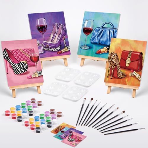 VOCHIC 4 Pack Sip and Paint Kit for Adults,Pre Drawn Canvas for Painting Party Supplies Girls Night Games Couples Paint Art Set Fashion Accessories 8x10 in - Image 2