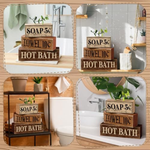 Moucuny 4 Pcs Rustic Bathroom Shelf Decor Wooden Block Signs, Farmhouse - Image 5