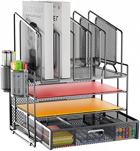 Marbrasse Desk Organizers, 4-Tier Mesh Desk File Organizer with 5 Vertical File Holders and 2 Pen Holders, Multifunction Desktop Organizer,Desk Organizers and Accessories for Home Office (Gray) by Marbrasse