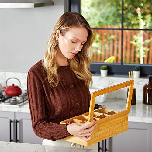 Big Natural Bamboo Tea Storage Organizer, Clear Acrylic Top, 8 Compartments - Image 4