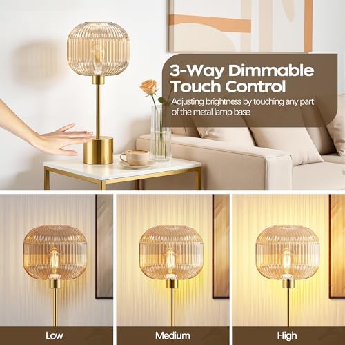 QiMH Glass Table Lamp for Living Room, Modern Bedside Lamp with Champagne Ribbed Glass Shade, 3-Way Dimmable Touch Control Nightstand Lamp for Bedroom, Brushed Gold (2700K LED Bulb Included) - Image 2