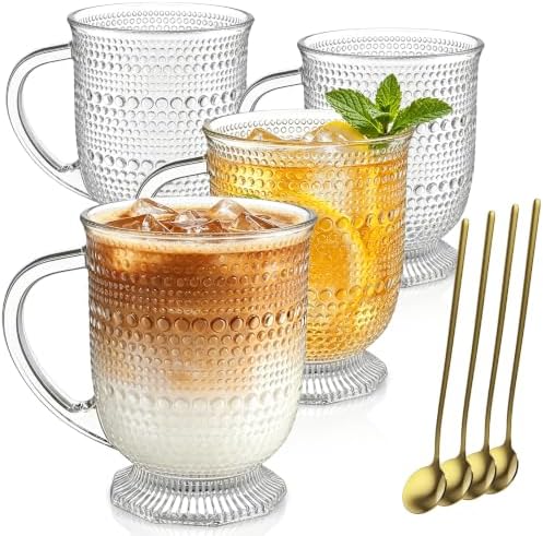 KEMORELA 16oz Hobnail Glass Coffee Mugs Set,Large Glass Mugs with Handle by KEMORELA