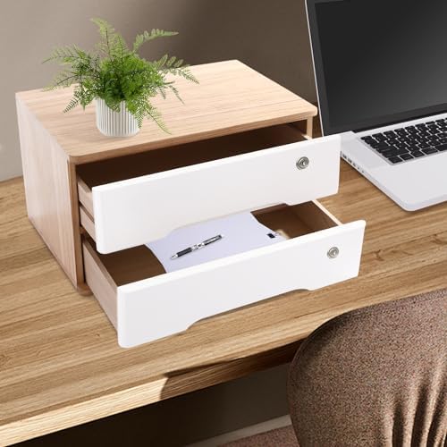2-Tier Desktop Storage Box with Lockable Drawer, Wooden Desk Organizer for Office Supplies, Flat File Cabinet, Minimalist Design for Home & Office Use(Original Wood+White) - Image 2