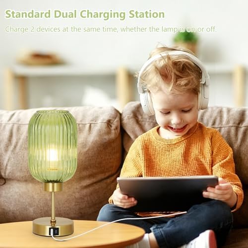 LAMSU Vintage Table Lamp for Bedroom with Bulb, Small Green Glass Beside Lamp with USB Ports, 3 Way Dimmable Gold Desk Lamp, Mid Century Modern Nightstand Lamp for Living Room, Office, Home Decor - Image 6