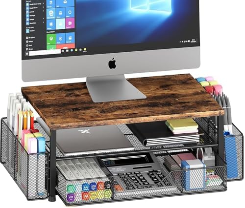OPNICE Desk Organizer and Accessories, 2-Tier Computer Monitor Stand Riser with Drawer and 2 Pen Holders, Laptop Stand, Office Desk Accessories for Office Supplies, Brown by OPNICE