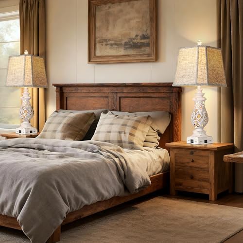 PARTPHONER 29" Table Lamps Set of 2, Bedside Lamps with USB A+C Ports & Night Light, Farmhouse Nightstand Lamps with Linen Fabric Shades for Bedroom Living Room, Antique White (LED Bulbs Included) - Image 5