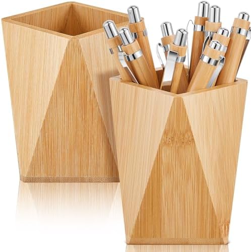 Henoyso 2 Pcs Bamboo Wood Pen Pencil Holder Geometric Pencil Cup Stand Makeup Organizer for Pen Holder Desk Home Office Adults(Bamboo) by Henoyso