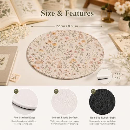 Cute Cottagecore Bunny Duck Floral Round Mouse Pad for Desk - Image 6